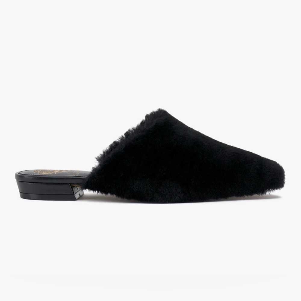 NIB Vince Camuto Samara Black Shearling Faux Fur Pointed Mule Slides Flats 9.5 - Picture 2 of 16